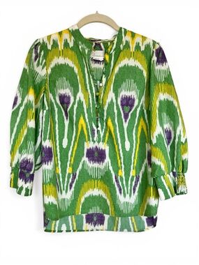 Anthropologie Green Ikat Peasant Tunic with Yellow & Purple Accents Size S
